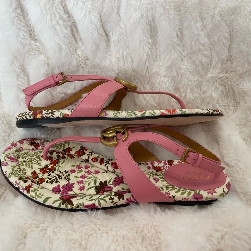Gucci Pink Floral Leather T-Strap Sandals with Gold Double G - Picture 4 of 6